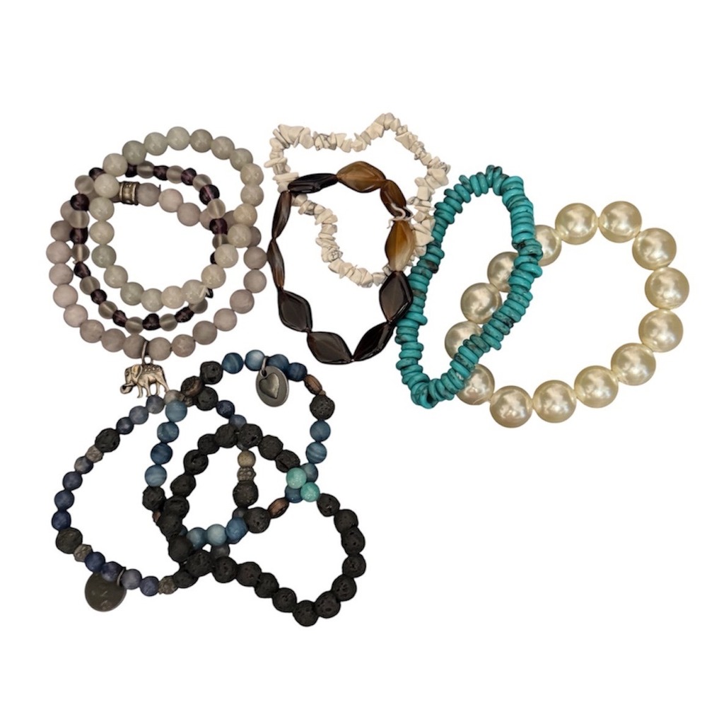 Mixed Beaded Stretch Bracelet Lot Elephant Heart Charms Lava Rock Faux Pearl